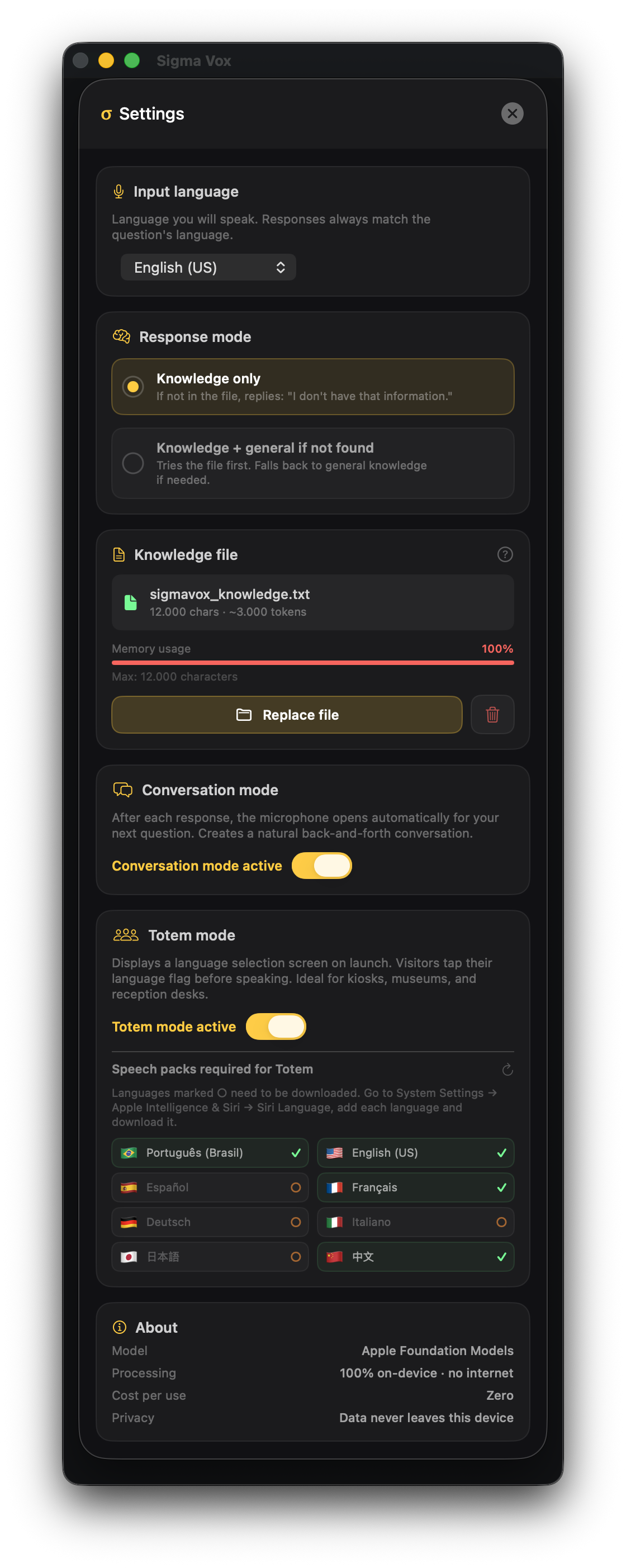 Sigma Vox Settings screen