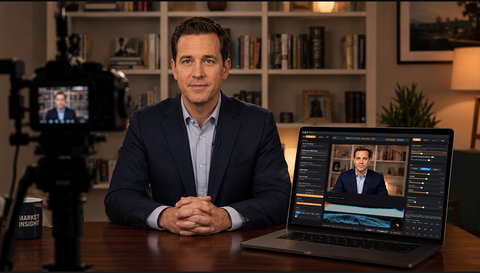 Journalist going live from a home studio, broadcast-ready